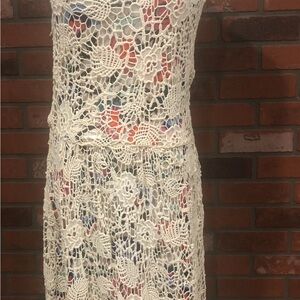 Maison Jules Size Small Cream Crochet Midi Dress with Multicolor Lining